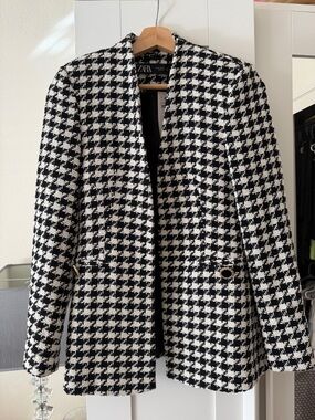 Zara Black and White Houndstooth Open-Front Blazer XS NWT